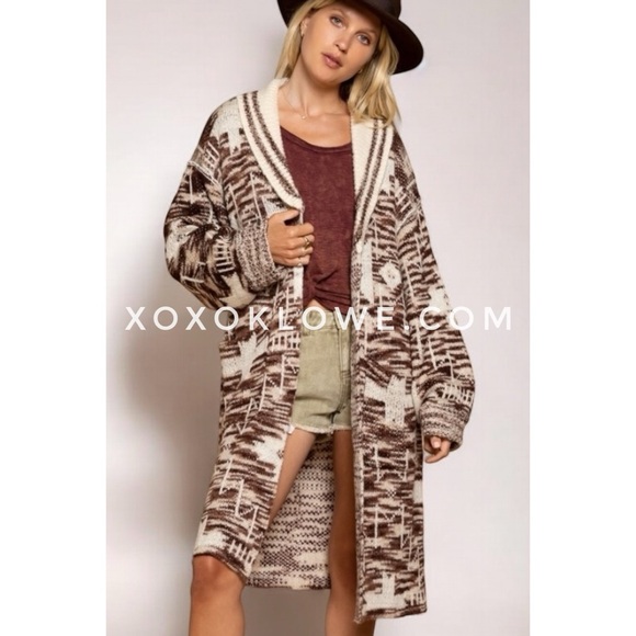 POL Beige + Brown Southwestern Patterned Mid Length Belted Cardigan - Picture 1 of 12